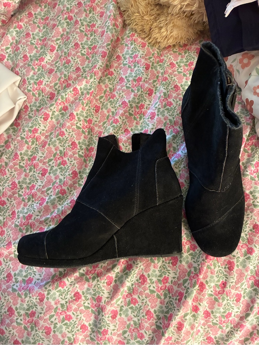 Toms Black Suede Wedge Ankle Booties - Women